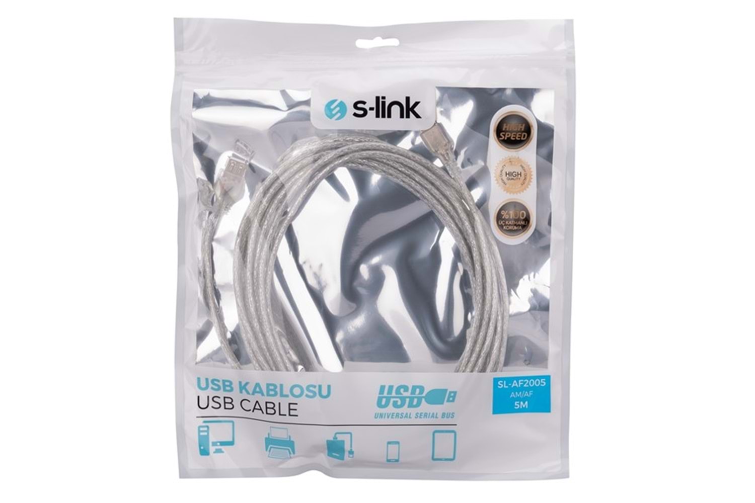 S-link SL-AF2005 Usb2.0 5m Şeffaf Uzatma Kablo