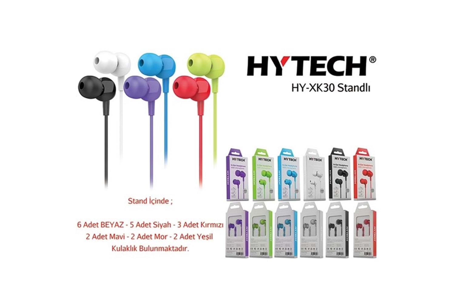 Hytech HY-XK30 20'li iç koli + 2*mor + 2*mavi + 2*yeşil 6*beyaz + 5*siyah + 3*kırmızı Kulak İçi Mikrofonlu Kulaklık
