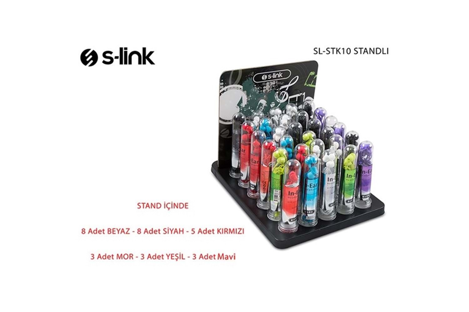 S-link SL-STK10 30'lu stand set 8*Beyaz + 8*Siyah + 5*Krımızı 3*Mor + 3*Mavi + 3*Yeşil Kulak İçi Mikrofonlu Kulaklık