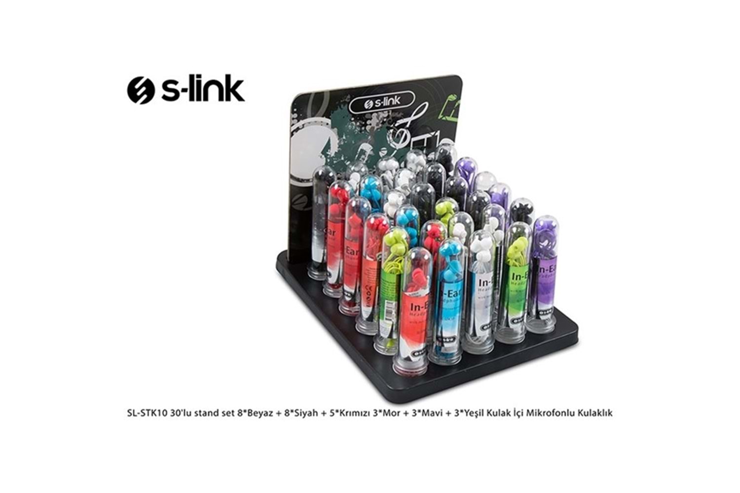 S-link SL-STK10 30'lu stand set 8*Beyaz + 8*Siyah + 5*Krımızı 3*Mor + 3*Mavi + 3*Yeşil Kulak İçi Mikrofonlu Kulaklık