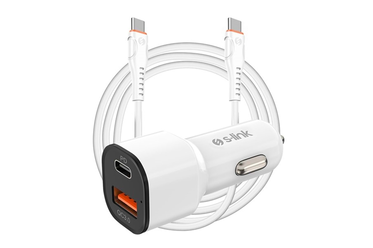 S-LINK SL-EC38PD TypeC to TypeC Kablolu 38W PD + USB QC3.0 Beyaz Araç Şarj Cihazı