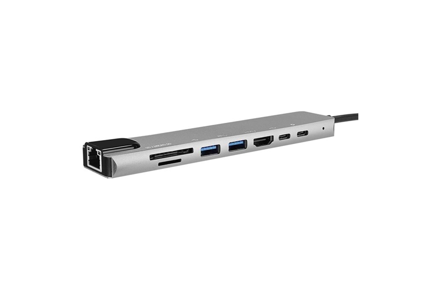 HYTECH HY-USBC82 4K@30Hz Gri Metal 2xUSB3.0, 1xUSB2.0, 1000Mbps PD, TypeC Data, SD/TF Kart Okuyucu Type C Adaptör