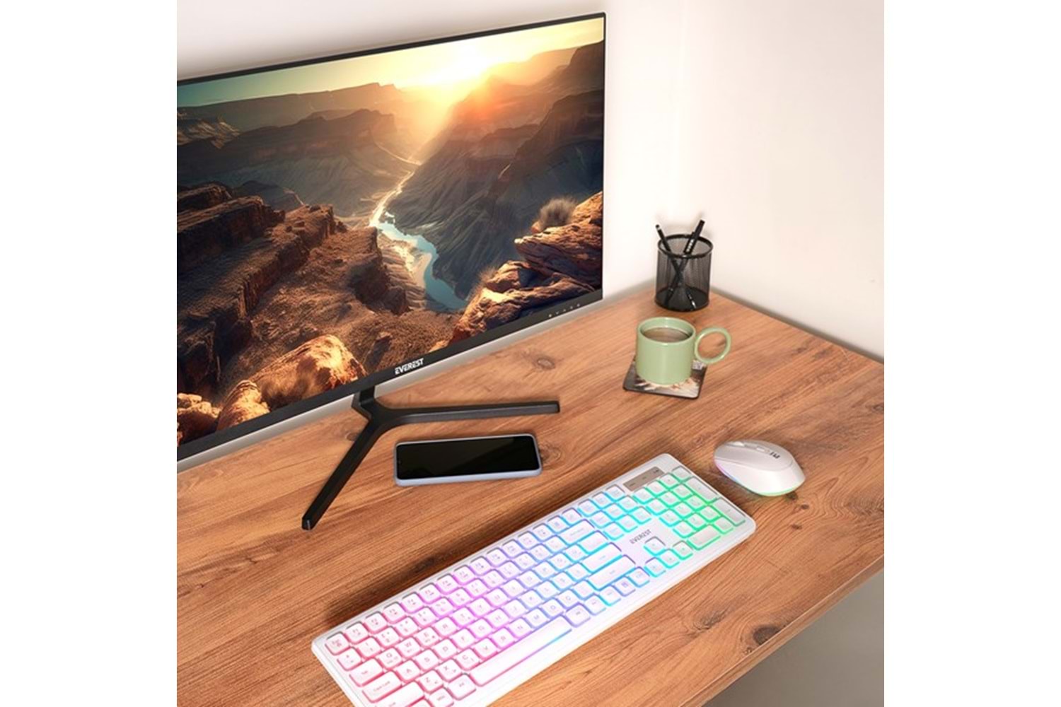 Everest KM-319BT Beyaz 2.4G+BT1+BT2 Çoklu Cihaz Bağlantılı Q Set Kablosuz Klavye + Mouse