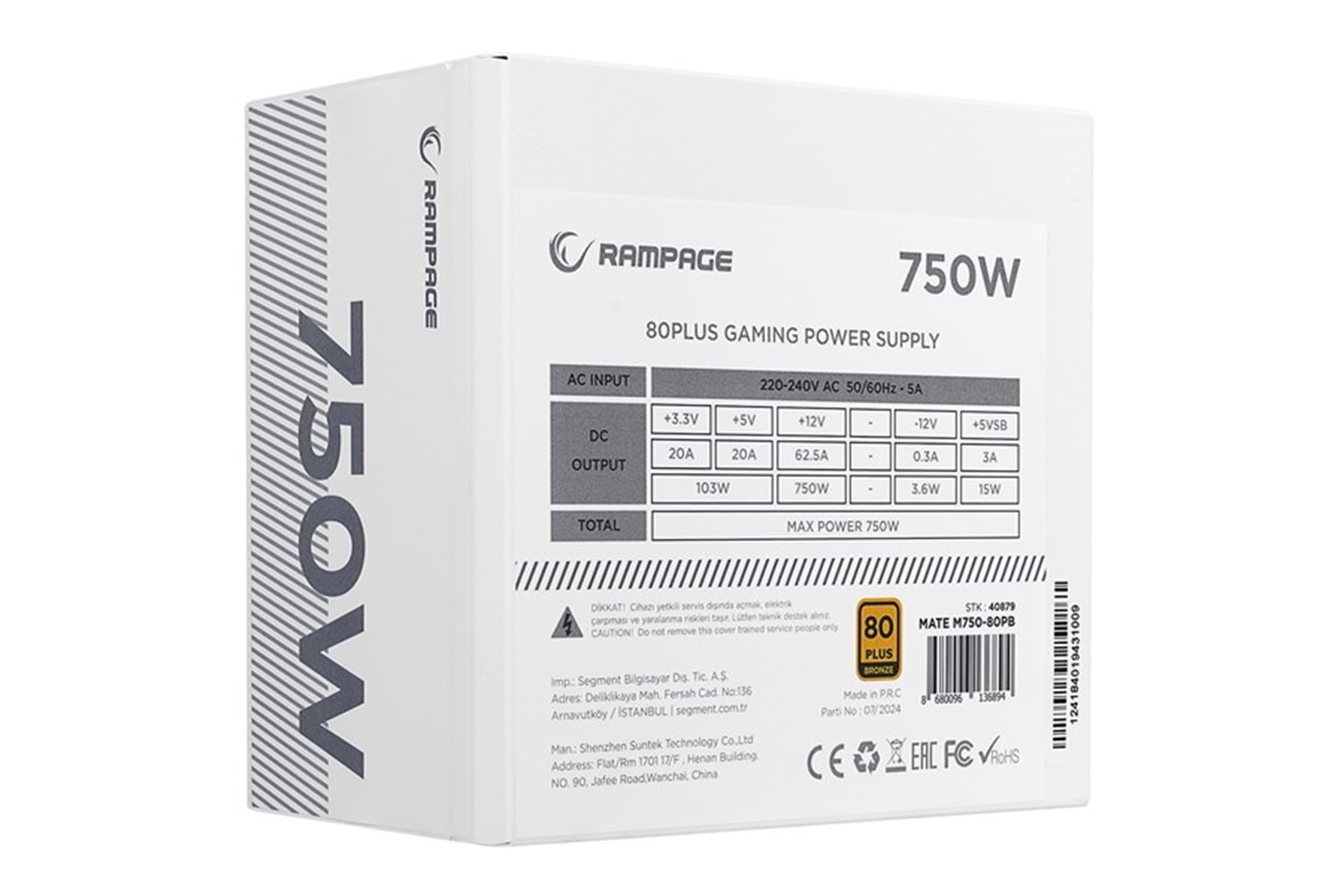 RAMPAGE 750W 80+ BRONZE MATE M750-80PB TAM MODÜLER POWER SUPPLY BEYAZ