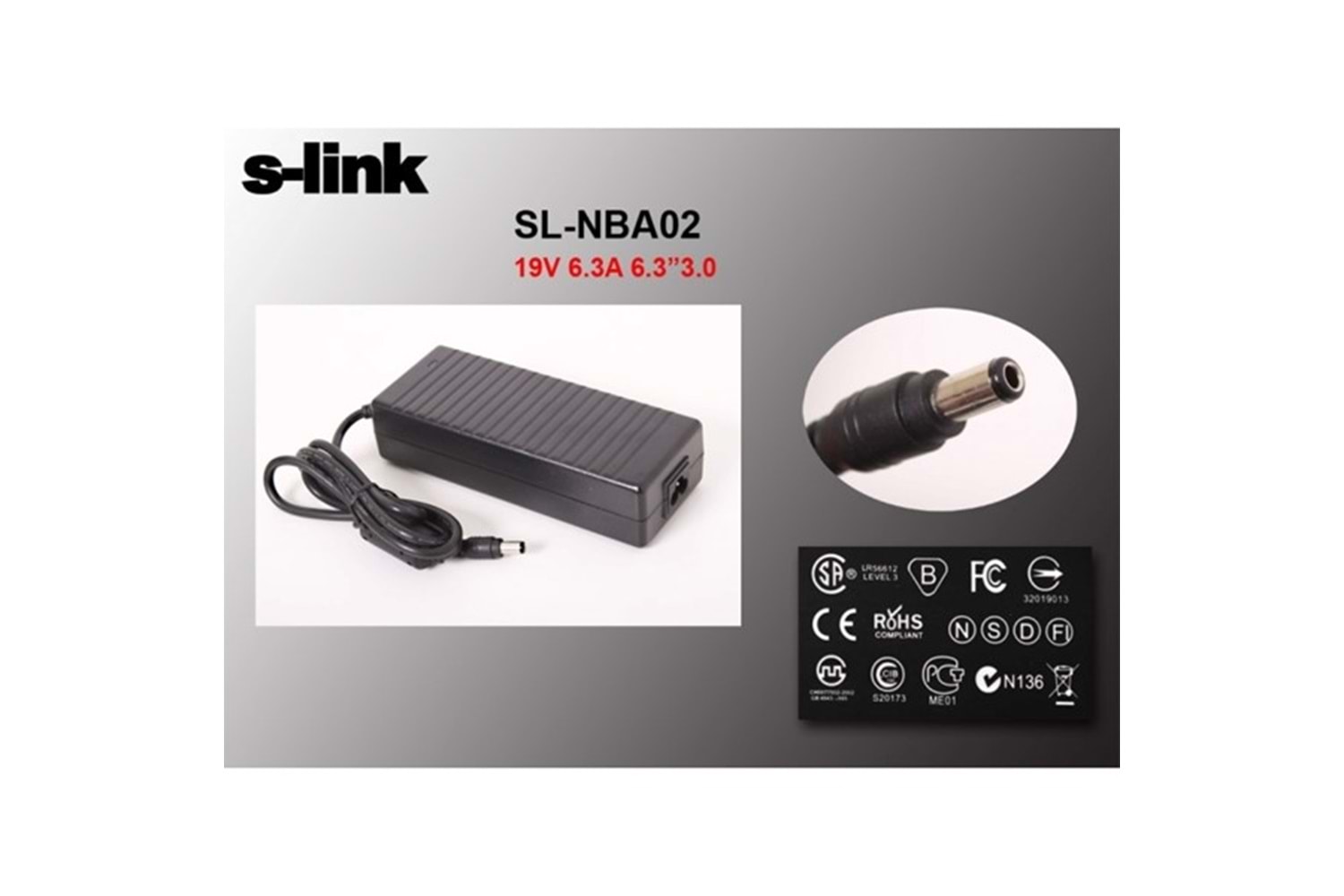 S-link SL-NBA02 120W 19V 6.3A 6.3x3.0 Toshiba Notebook Standart Adaptör