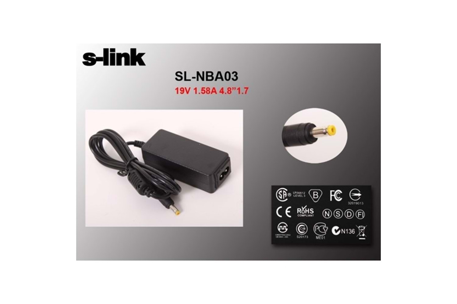 S-link SL-NBA03 30W 19V 1.58A 4.8*1.7 Hp Netbook Standart Adaptör