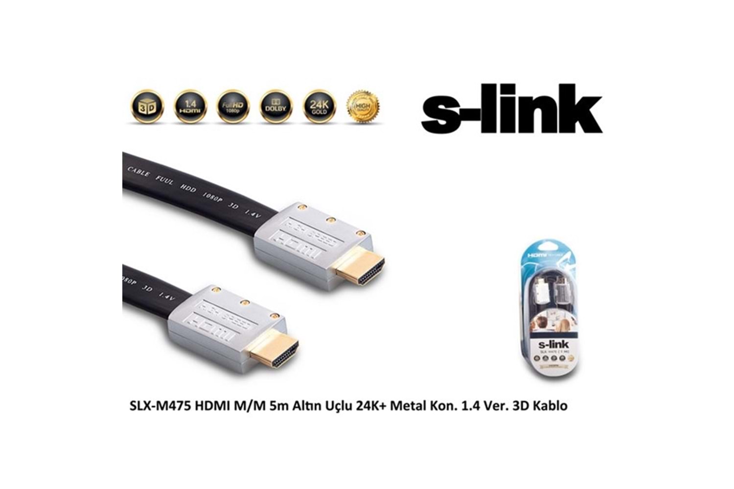 S-link SLX-M475 HDMI M/M 5m Altın Uçlu 24K+ Metal Kon. 1.4 Ver. 3D Kablo