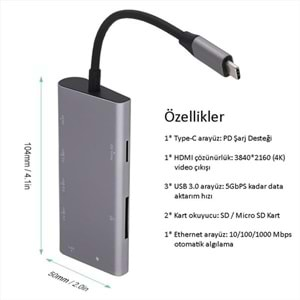 CODEGEN CDG-CNV40 3port Type-C & Ethernet,HDMI,Type-C Kart Okuyucu Gümüş USB Çoklayıcı Hub