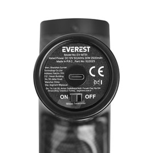 Everest EV-MT51 12V Dijital Karbon Fiber/Siyah 2500 mAh Kablosuz Profesyonel Sporcu 30 Kademeli Hız 7 Başlıklı Masaj Tab