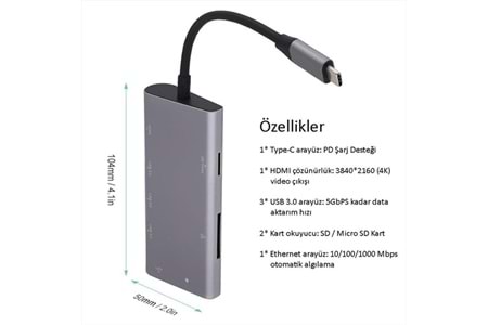 CODEGEN CDG-CNV40 3port Type-C & Ethernet,HDMI,Type-C Kart Okuyucu Gümüş USB Çoklayıcı Hub