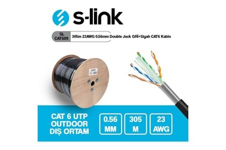 S-link SL-CAT609 305m 23AWG 0.56mm CCA Double Jack GRİ+Siyah CAT6 Kablo