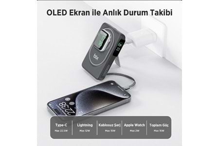 BİX 10000mAh TPB16-BK 6'SI 1 ARADA OLED EKRANLI Siyah KABLOSUZ POWERBANK