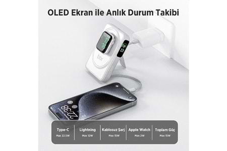 BİX 10000mAh TPB16-WE 6'SI 1 ARADA OLED EKRANLI Beyaz KABLOSUZ POWERBANK