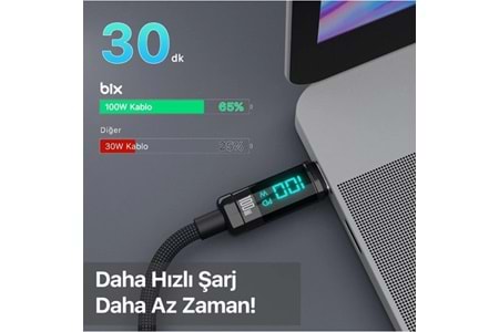 BİX BX09CC-BK SİYAH TYPE-C 100W 1 metre DİJİTAL EKRANLI ŞARJ VE DATA KABLOSU