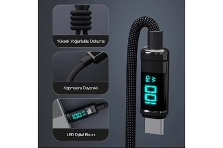 BİX BX09CC-BK SİYAH TYPE-C 100W 1 metre DİJİTAL EKRANLI ŞARJ VE DATA KABLOSU