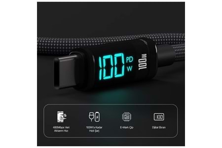 BİX BX09CC-BK SİYAH TYPE-C 100W 1 metre DİJİTAL EKRANLI ŞARJ VE DATA KABLOSU