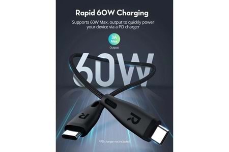 Ravpower 1.2metre 60W C-C TYPE-C Kablo