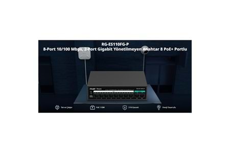 RUIJIE 8port RG-ES110FG-P 10//100 2-UPLINK 110W YÖNETİLEMEZ POE SWITCH