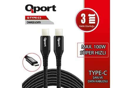 QPORT Q-TYPE-C3 3metre TYPE-C Görüntü Kablosu