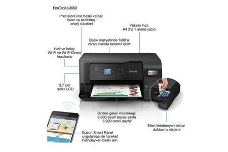 EPSON A4 L3560 Renkli Çok Fonksiyonlu Tanklı Yazıcı Usb,Kablosuz