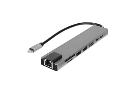 HYTECH HY-USBC83 4K@30Hz Gri Metal 2xUSB3.0, 1xUSB2.0, Gigabit PD, TypeC Data, SD/TF Kart Okuyucu Type C Adaptör