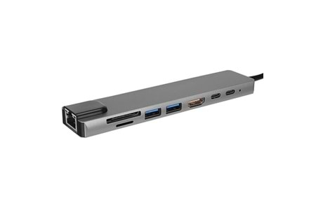 HYTECH HY-USBC83 4K@30Hz Gri Metal 2xUSB3.0, 1xUSB2.0, Gigabit PD, TypeC Data, SD/TF Kart Okuyucu Type C Adaptör