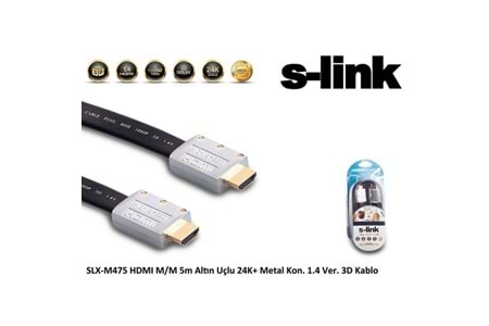 S-link SLX-M475 HDMI M/M 5m Altın Uçlu 24K+ Metal Kon. 1.4 Ver. 3D Kablo