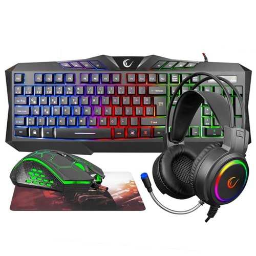 RAMPAGE KM-404 ARGENTI Rainbow Aydınlatmalı USB Gaming Combo Q Klavye + Kulaklık + Mouse + Mousepad