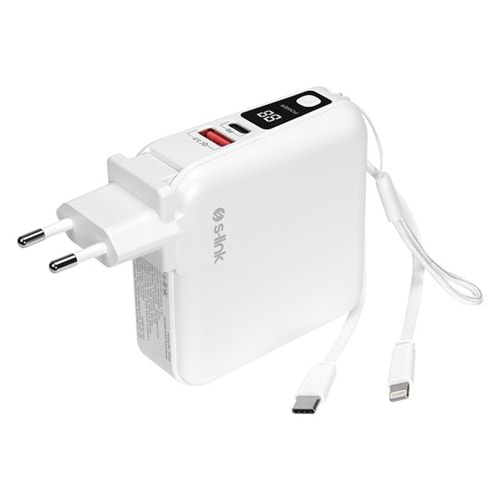 S-link G150 15000mAh Lightning+Type-C Kablolu Powerbank Beyaz PD22.5W LCD AC Prizli Taşınabilir Pil Şarj Cihazı