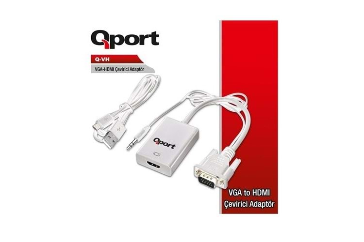 QPORT Q-VH 0.15metre VGA- HDMI Görüntü Adaptörü Beyaz Sesli 1080p