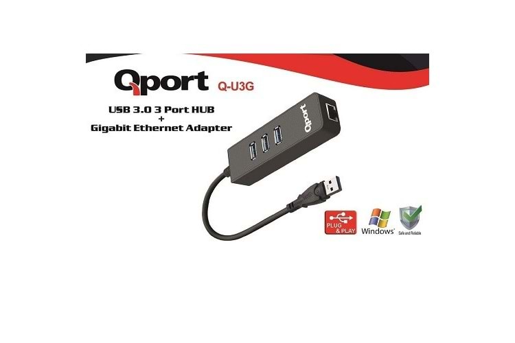 QPORT Q-U3G Gigabit 1port USB 3.0 Ethernet,3x USB Çoklayıcı