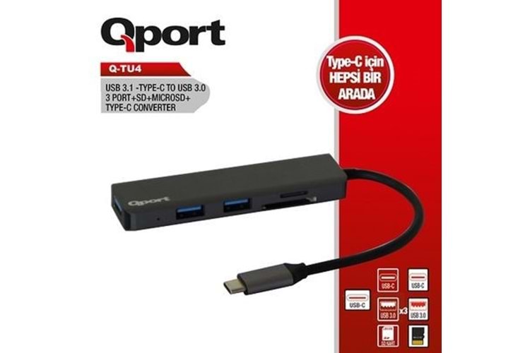 QPORT Q-TU4 3port Type-C & USB 3.0 Kart Okuyucu Siyah USB Çoklayıcı Hub