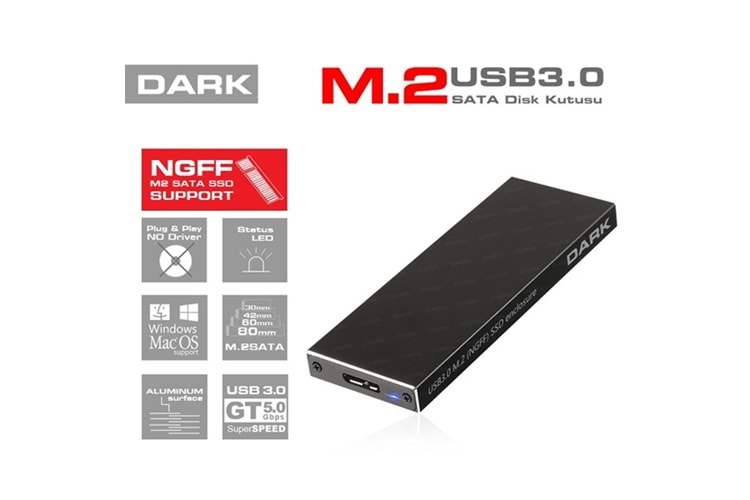 DARK M2 USB 3.0 DK-AC-DSEM2 NGFF Alüminyum Harddisk Kutusu Siyah