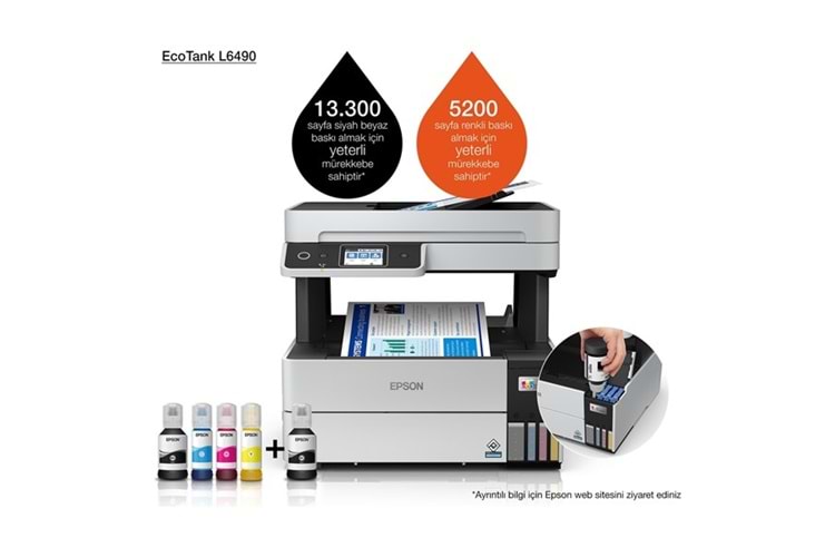 EPSON A4 Renkli L6490 Çok Fonksiyonlu Tanklı Yazıcı Fax USB 2.0,Ethernet,Kablosuz
