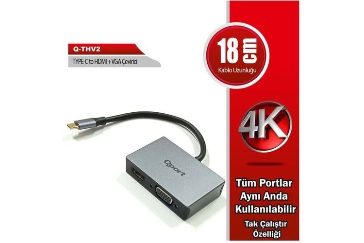 QPORT Q-THV2 TYPE-C - HDMI_VGA(D) Görüntü Adaptörü