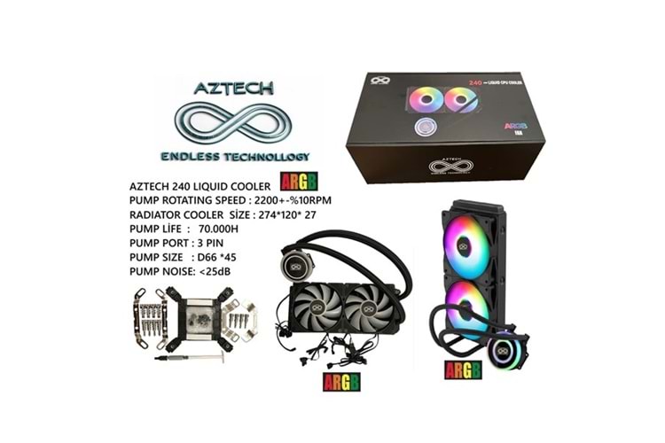 AZTECH 240mm LIQUID COOLING AZ240-1B ARGB Sıvı Soğutmalı AM5-1851p İşlemci Fanı