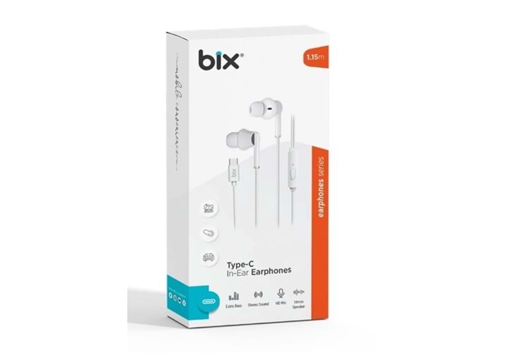 BİX HF01C-WE Type-C Beyaz 14MM EXTRA BASS KULAKİÇİ Mikrofonlu Kulaklık