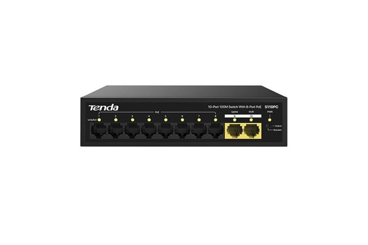 TENDA 10port 80w 8port PoE S110PC 10/100 2-Uplink Yönetilemez Switch