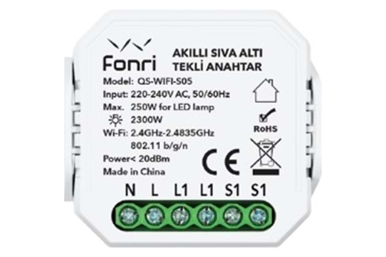 Fonri Wf3-El3-0201-09 Wıfı Kablosuz Cpo01 Akıllı Sıvaaltı Tekli Anahtar 