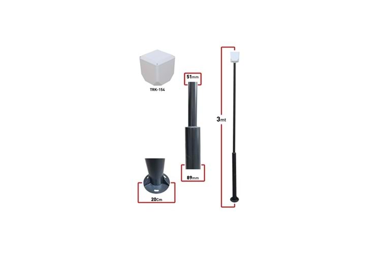 Trk 3 Metre 89X51x2mm (+Trk-154 Küp İle Birlikte) Kamera Direk 7016 Düz Mat Antrasit Fırın Boyalı