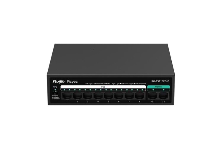 RUIJIE 8port RG-ES110FG-P 10//100 2-UPLINK 110W YÖNETİLEMEZ POE SWITCH