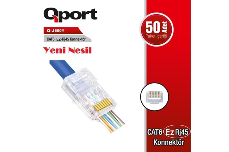 QPORT CAT6 EZ Q-J600Y RJ45 50li paket Plastik Konnektör (Yeni nesil)