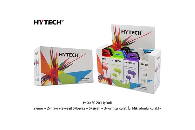 Hytech HY-XK30 20'li iç koli + 2*mor + 2*mavi + 2*yeşil 6*beyaz + 5*siyah + 3*kırmızı Kulak İçi Mikrofonlu Kulaklık