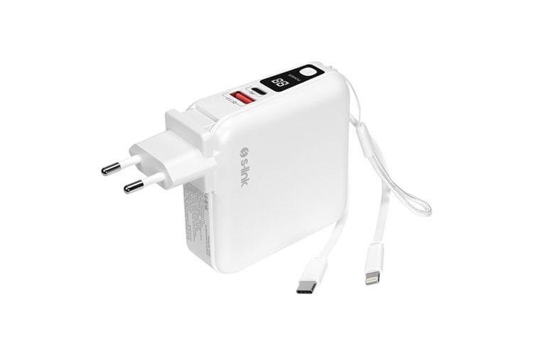 S-link G150 15000mAh Lightning+Type-C Kablolu Powerbank Beyaz PD22.5W LCD AC Prizli Taşınabilir Pil Şarj Cihazı