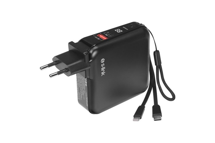S-link G150 15000mAh Lightning+Type-C Kablolu Powerbank Siyah PD22.5W LCD AC Prizli Taşınabilir Pil Şarj Cihazı