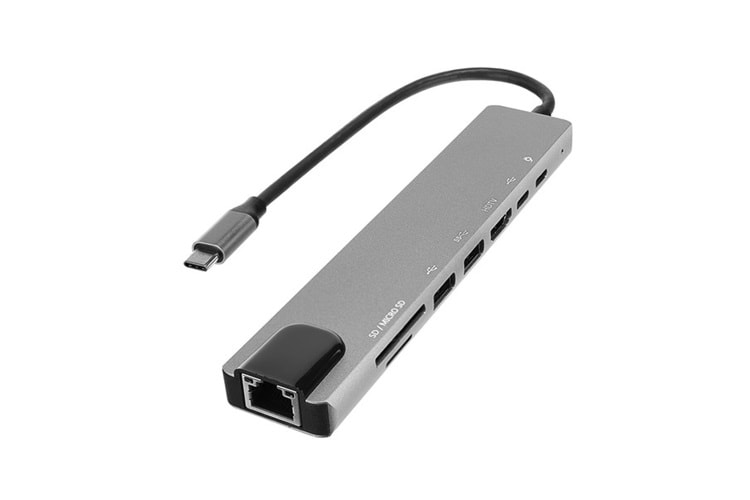 HYTECH HY-USBC82 4K@30Hz Gri Metal 2xUSB3.0, 1xUSB2.0, 1000Mbps PD, TypeC Data, SD/TF Kart Okuyucu Type C Adaptör