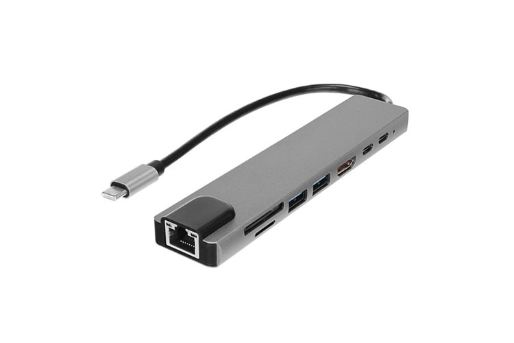 HYTECH HY-USBC83 4K@30Hz Gri Metal 2xUSB3.0, 1xUSB2.0, Gigabit PD, TypeC Data, SD/TF Kart Okuyucu Type C Adaptör