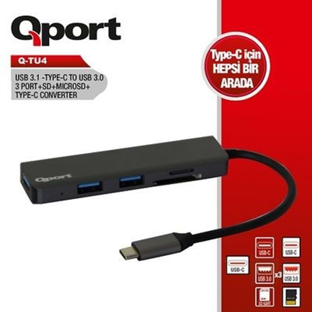 QPORT Q-TU4 3port Type-C & USB 3.0 Kart Okuyucu Siyah USB Çoklayıcı Hub