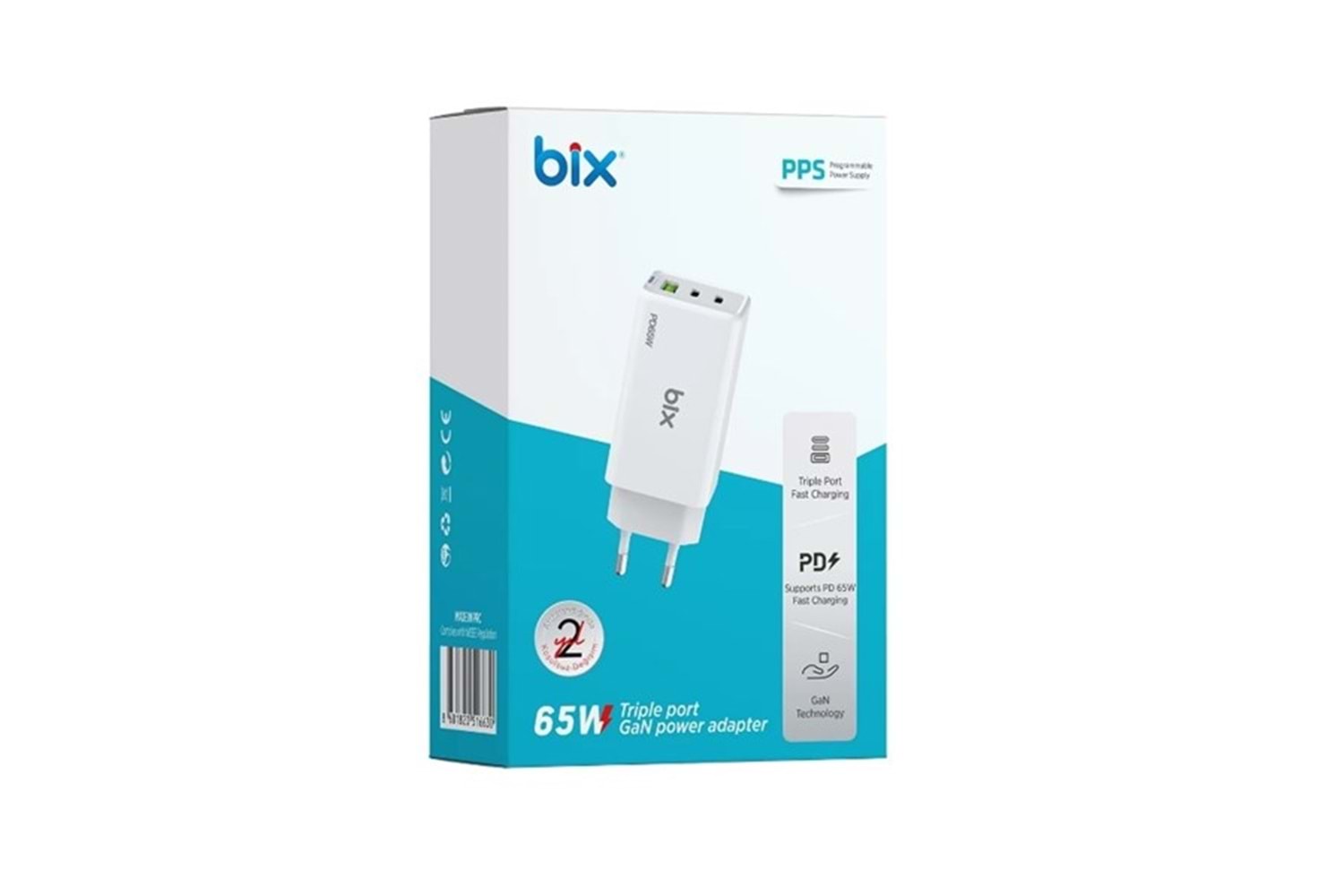 BİX BX3P66G-WE 65W ŞARJ ADAPTÖR TYPE-C/USB Beyaz