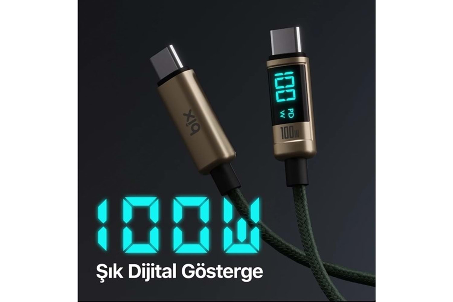BİX BX09CC-BN BRONZ TYPE-C 100W 1 metre DİJİTAL EKRANLI ŞARJ VE DATA KABLOSU